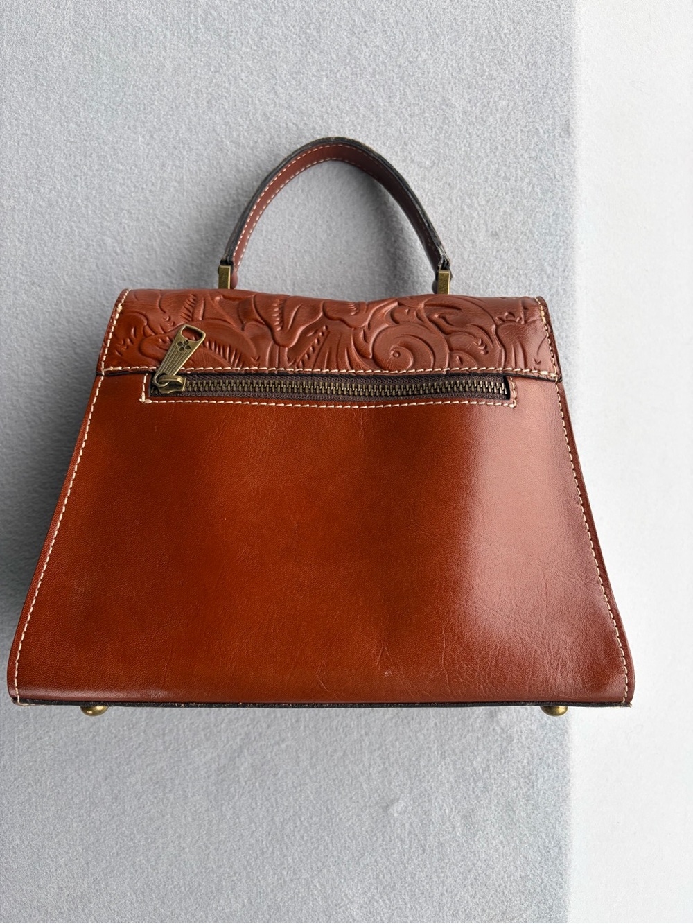Patricia Nash Cognac Tooled Leather Satchel with Brass Turn-Lock - Picture 7 of 8